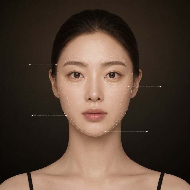 필러 재시술 맵 — 뭉침·이동·과교정·비대칭 도식