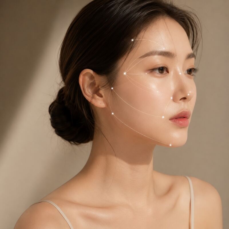 처짐 얼굴 맵 — 볼·팔자·입가·턱선 부위 도식