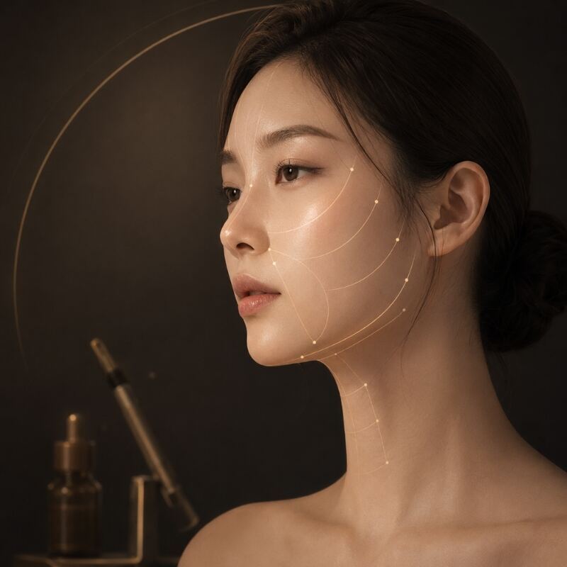 턱선 얼굴 맵 — 교근·침샘·턱끝·이중턱 부위 도식