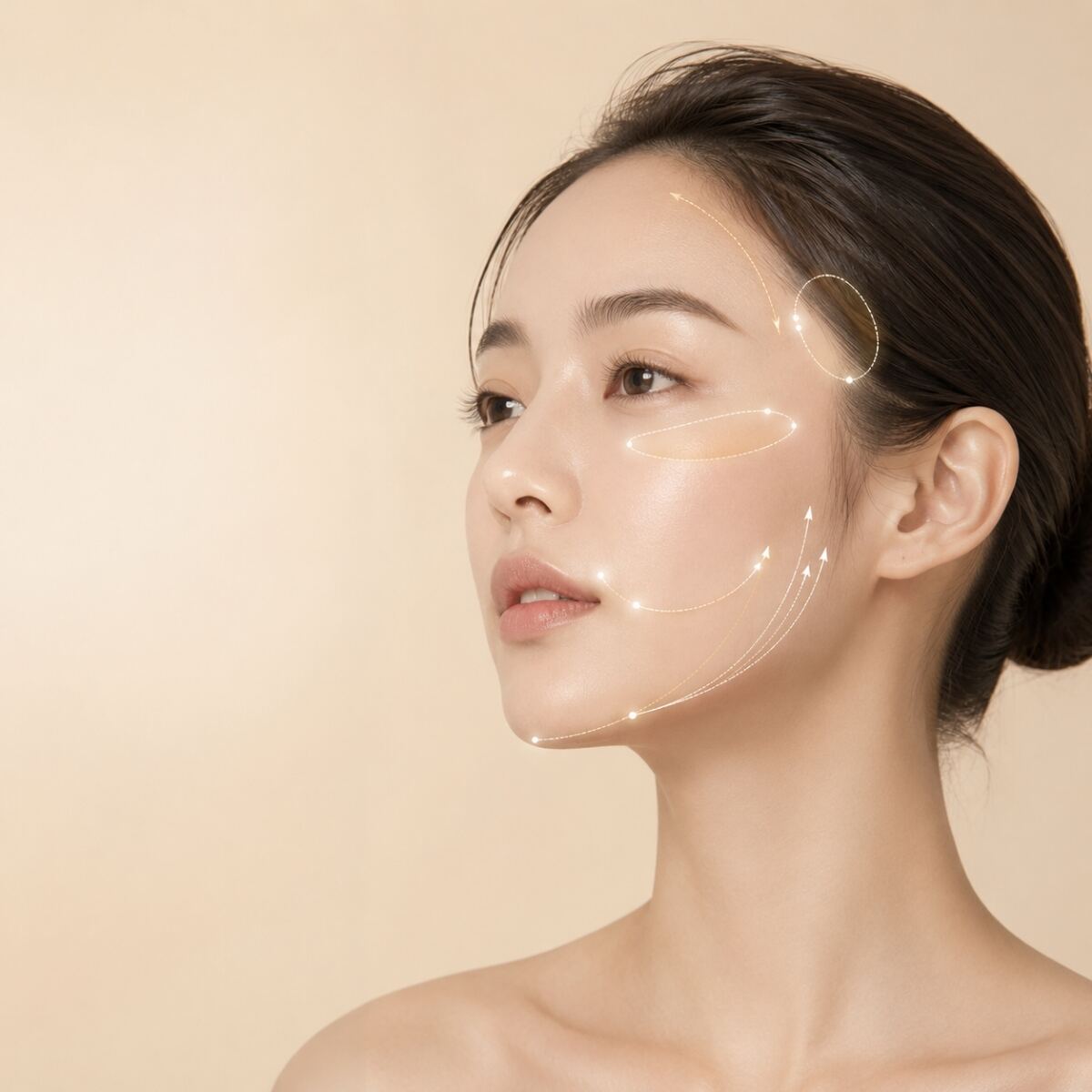 이마·관자·앞볼로 이어지는 볼륨 흐름을 보여주는 얼굴 도식