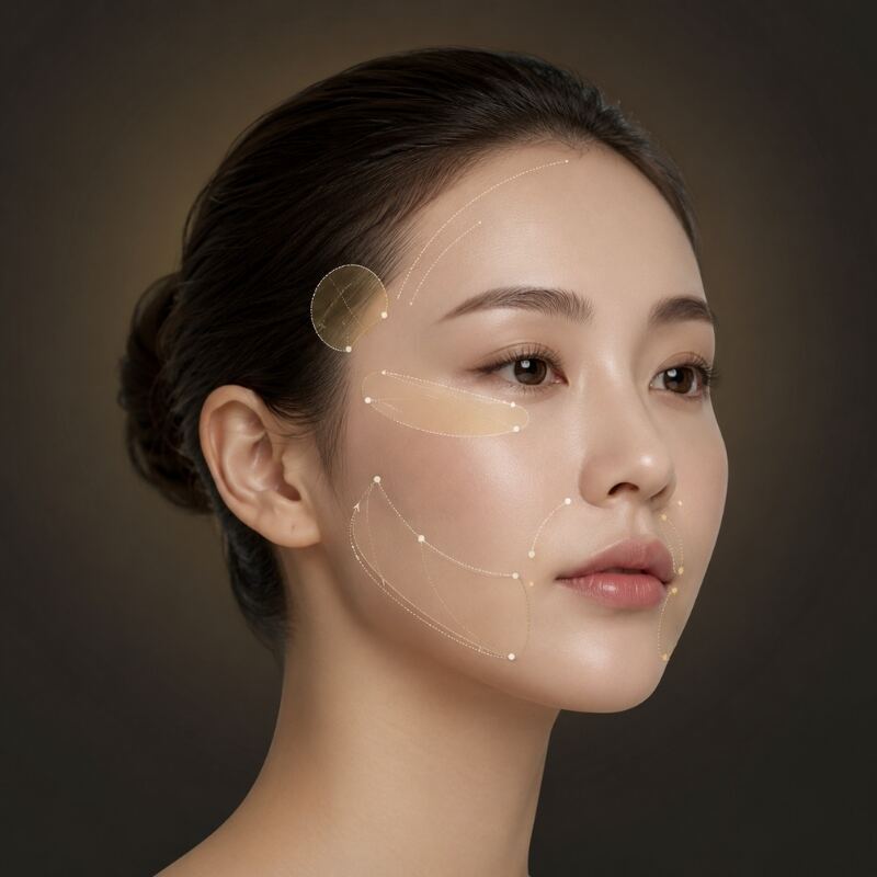 얼굴 볼륨 맵 — 이마·관자·앞볼·팔자 부위 도식
